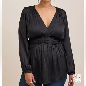 Torrid Peplum Satin Smocked Waist Top Gypsy Boho Peasant Bohemian Black 4X